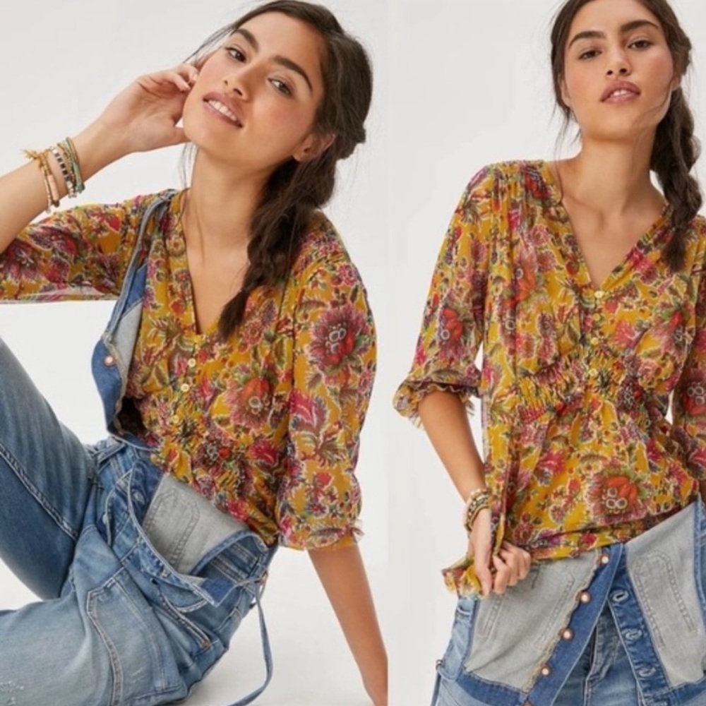 Anthropologie Sheer floral peasant blouse